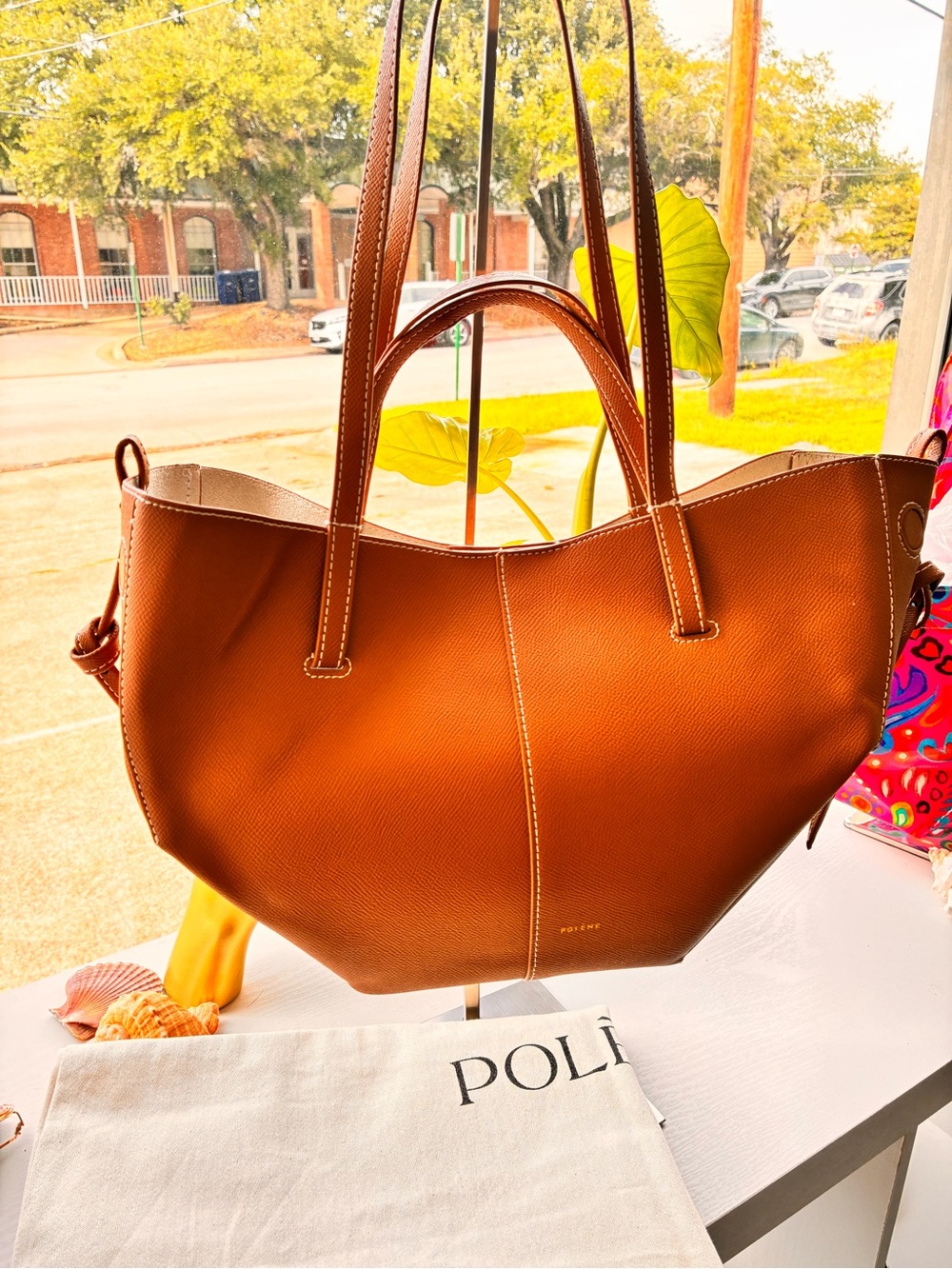 Polene Cyme Mini-Brown Leather Tote with Duster